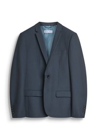 Blazer blu scuro realizzato in tessuto testurizzato, con un pulsante singolo, rever a punta e tasca sul petto. Dettaglio con quattro bottoni sui polsini.