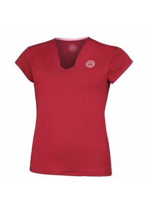Chemise rouge pour femmes à manches courtes et encolure en V, avec un petit logo circulaire blanc sur la poitrine gauche et à l'intérieur du col.