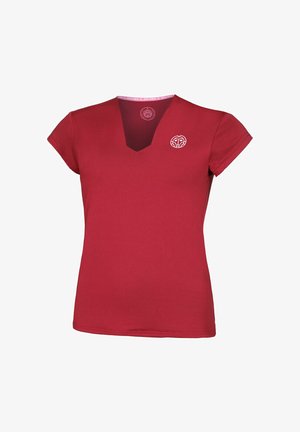 Maglietta da donna rossa a maniche corte con scollo a V e piccolo logo circolare bianco sul petto a sinistra e all'interno del colletto.