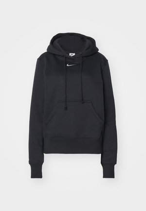Black hooded sweatshirt with drawstrings, front kangaroo pocket, and a small white Nike logo on the chest. Soft, textured fabric.