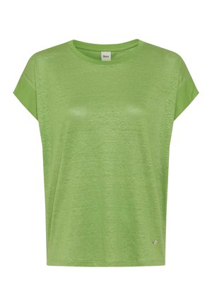 Lysegrøn kortærmet dame T-shirt med rund hals, løs pasform og lille metal logo mærke nær nederste kant.