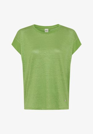 Lysegrøn kortærmet dame T-shirt med rund hals, løs pasform og lille metal logo mærke nær nederste kant.
