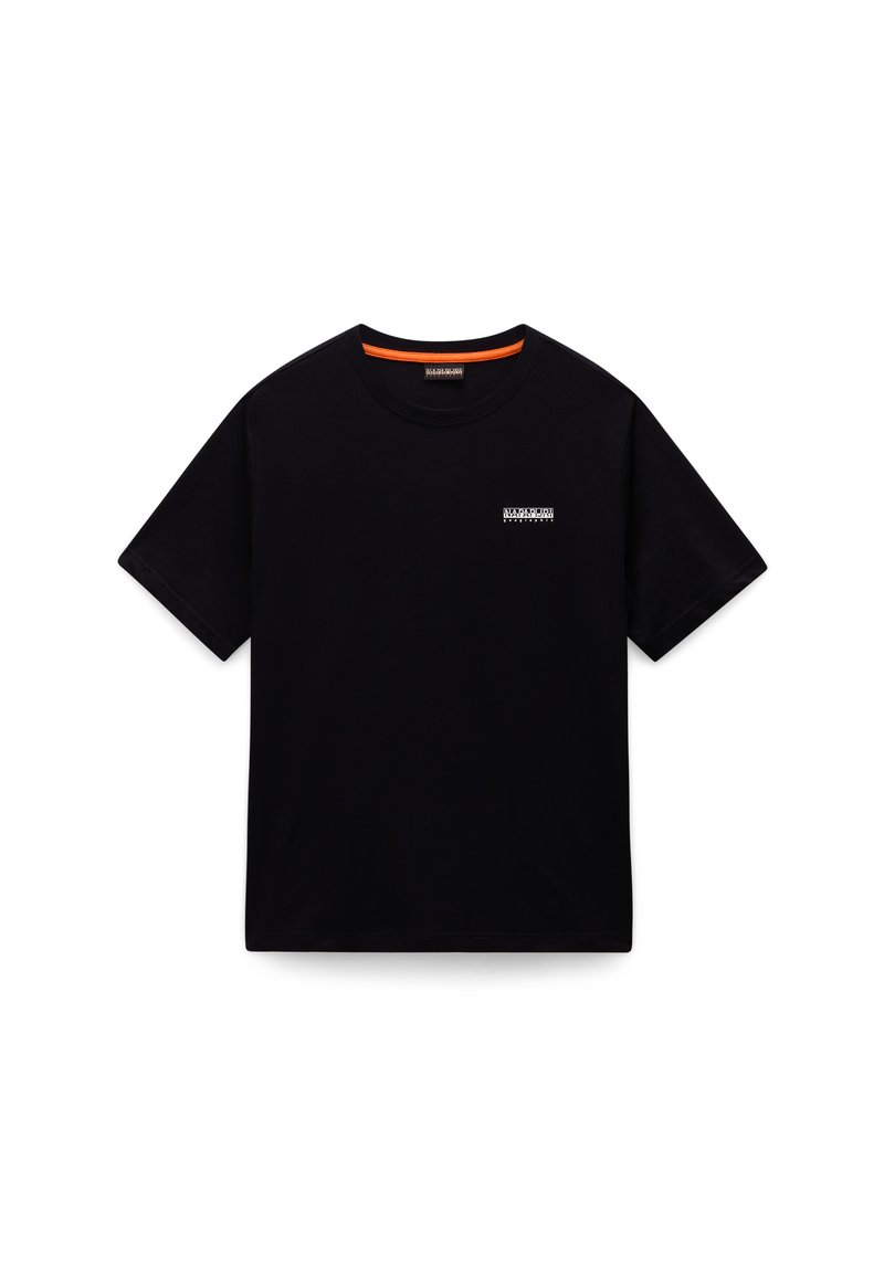 Maglietta nera in cotone con scollo rotondo, maniche corte e logo ricamato sul petto. Include un accento arancione all'interno del colletto.