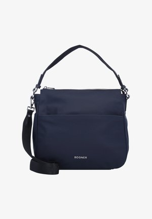 Marineblaue Nylon-Schultertasche mit Reißverschluss, einer Fronttasche, verstellbarem Tragegurt und silbernen Beschlägen. Logo auf der Vorderseite angebracht.