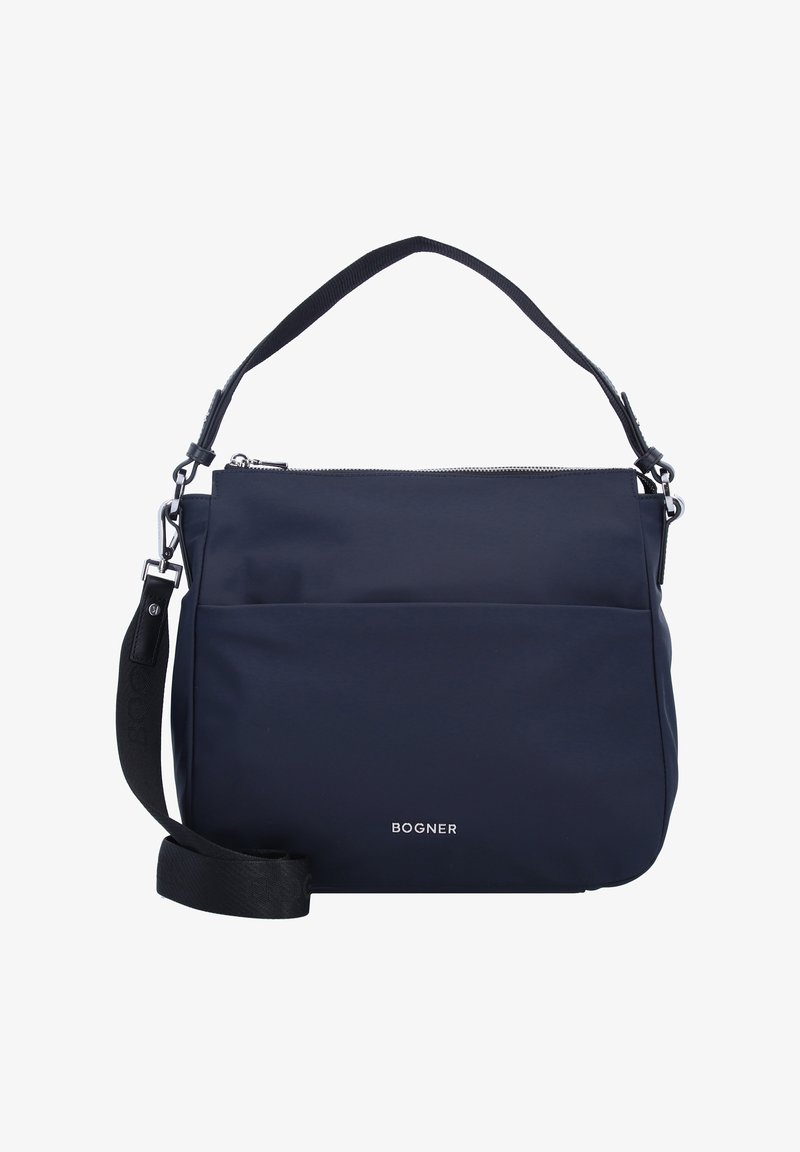 Borsa a spalla in nylon blu navy con chiusura a zip, una tasca frontale, tracolla regolabile e metalleria argento. Logo visibile sul davanti.