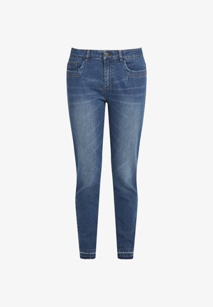 Schmale Jeans aus blauem Denim mit leichter Verblassung, fünf Taschen, Knopf- und Reißverschluss vorne sowie abgesteppten Details am Bund.