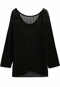 Zwarte, gebreide trui met een losse, brede halslijn en driekwart mouwen. Voorzien van een open geweven patroon en een losse pasvorm.