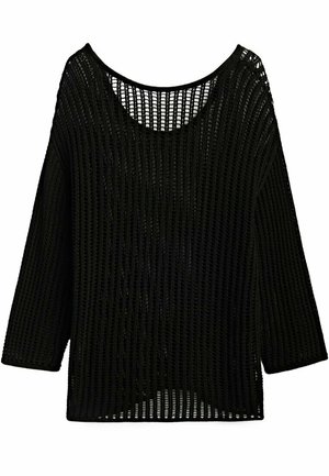 Schwarzer, gestrickter Pullover mit lockerem, weitem Ausschnitt und dreiviertellangen Ärmeln. Verfügt über eine offene Strickart und eine entspannte Passform.