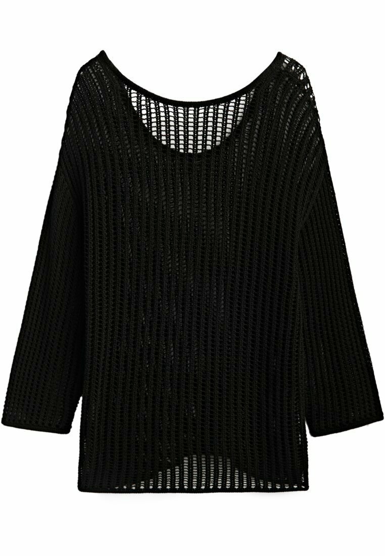 Zwarte, gebreide trui met een losse, brede halslijn en driekwart mouwen. Voorzien van een open geweven patroon en een losse pasvorm.