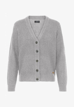 Szürke kötött kardigán V nyakkal, öt gombbal az elülső részen, bordázott mandzsettákkal és logóval az alsó részen.