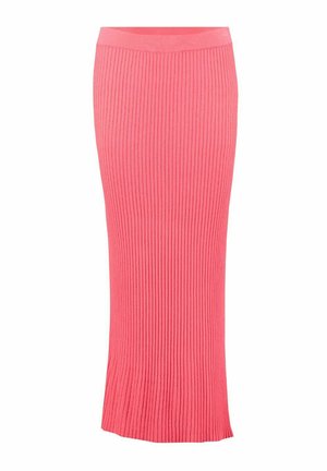 Fustă lungă, roz, cu nervuri, având o talie ajustată, caracterizată de texturi verticale și un tiv ușor evazat pentru o siluetă elegantă.