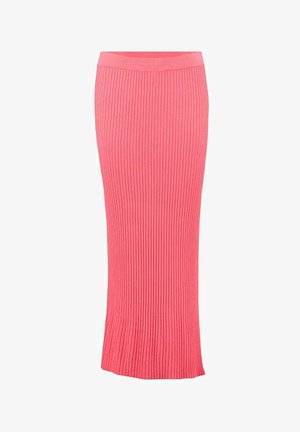 Fustă lungă, roz, cu nervuri, având o talie ajustată, caracterizată de texturi verticale și un tiv ușor evazat pentru o siluetă elegantă.