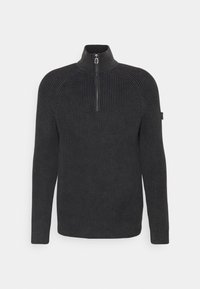 Czarny dziergany sweter z wysokim kołnierzem i suwakiem na pół przodu. Prążkowana tekstura, długie rękawy oraz dopasowany dół. Posiada raglanowe rękawy i boczną metkę z logo.