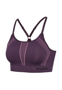 Lila Sport-BH mit kontrastierenden pinken Akzenten, Racerback-Design, strukturierten Streifen und einem Logo auf dem Band. Hergestellt aus dehnbarem, atmungsaktivem Material.