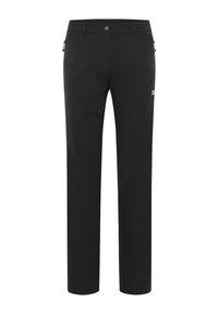 Zwarte outdoorbroek gemaakt van zachte, rekbare stof. Kenmerkt zich door een zijzak, rechte pijpen en een klassieke tailleband met een metalen knoop.
