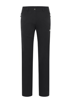 Svarte utendørsbukser laget av myk, stretchy stoff. Har en sidepocket, rette ben og en klassisk midje med metallknapp.