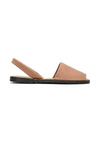 Pink suede slingback sandals with an open toe, flat black sole, and visible stitching detail along the edge.