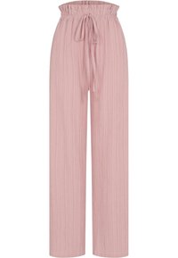 Pantalons taille haute, larges, de couleur rose clair avec un motif texturé et une taille à cordon. Fabriqués dans un matériau doux et fluide.
