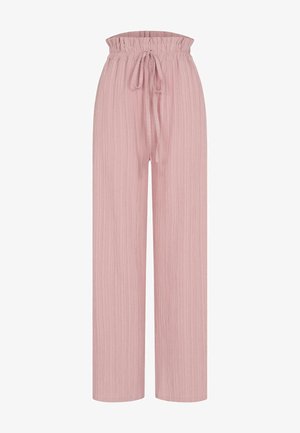 Light pink, high-waisted, wide-leg pants with a textured pattern and a drawstring waist. Made from a soft, flowy material.