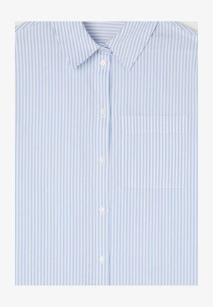 Camicetta a righe blu chiaro e bianche, con bottoni, realizzata in un tessuto liscio. Presenta un colletto a punta e una piccola tasca sul petto.