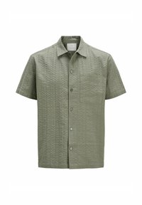 Short-sleeved, button-up shirt in olive green, featuring textured stripes, a pocket on the left chest, and a classic collar design.