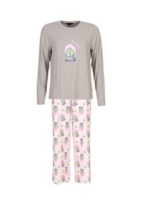Haut de pyjama gris à manches longues avec un imprimé de personnage de dessin animé, associé à un pantalon rose présentant un design animalier répété et des accents de concombre.