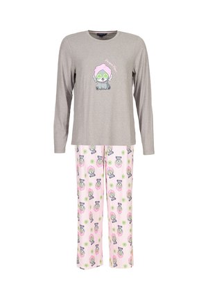 Szara piżama z długim rękawem z nadrukiem postaci z kreskówki, połączona z różowymi spodniami z powtarzającym się wzorem zwierząt i akcentami w kolorze ogórka.