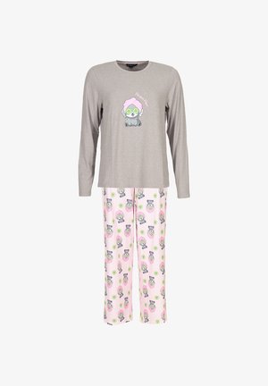 Haut de pyjama gris à manches longues avec un imprimé de personnage de dessin animé, associé à un pantalon rose présentant un design animalier répété et des accents de concombre.