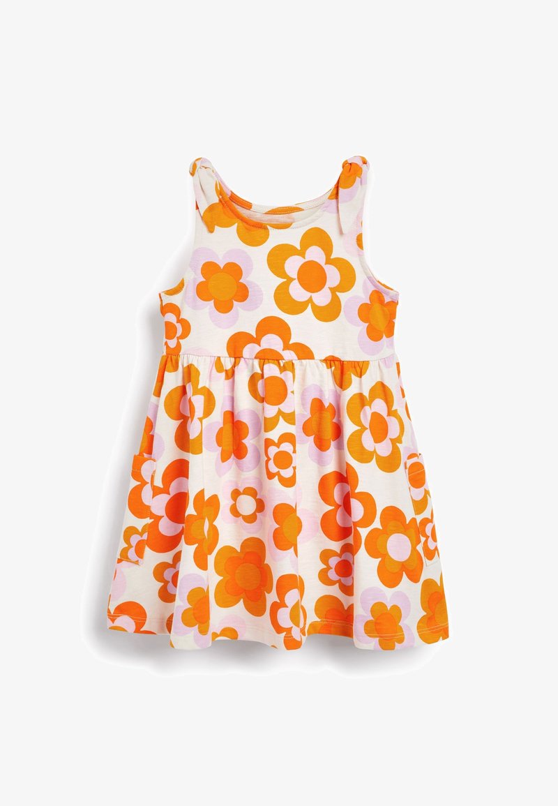 Robe sans manches pour tout-petits avec des motifs de fleurs rétro orange, rose et violet clair sur fond blanc, dotée d'une taille froncée et de poches sur les côtés.
