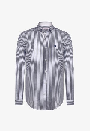 Pasiasta koszula z długim rękawem w kolorze granatowym i białym. Ma kołnierz zapinany na guziki, guziki z przodu oraz małe, haftowane logo na piersi.