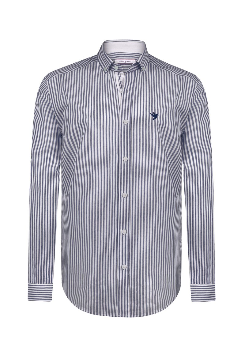 Gestreepte langharige shirt in marineblauw en wit. Bevat een button-down kraag, knopen aan de voorkant en een klein geborduurd logo op de borst.