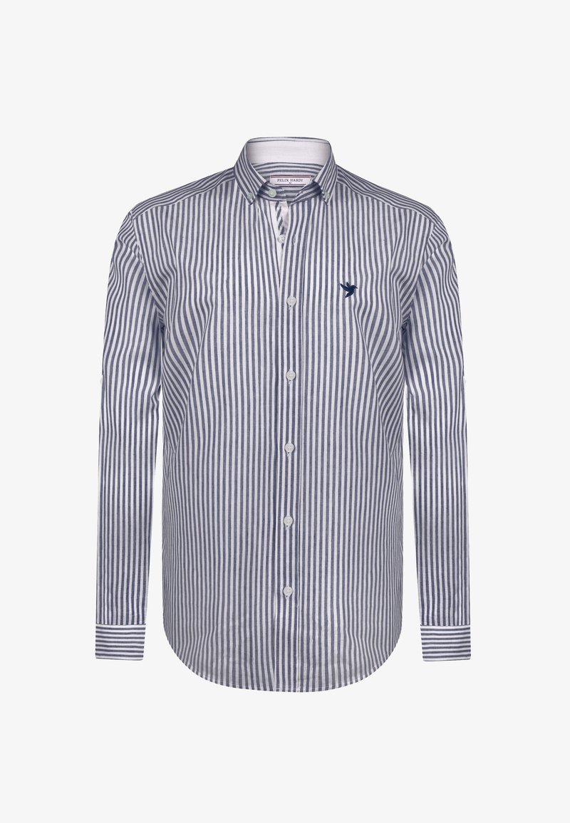 Gestreepte langharige shirt in marineblauw en wit. Bevat een button-down kraag, knopen aan de voorkant en een klein geborduurd logo op de borst.