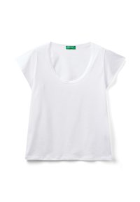 White, short-sleeve T-shirt with a wide scoop neck and a relaxed fit. Soft cotton fabric and a label in green at the neckline.