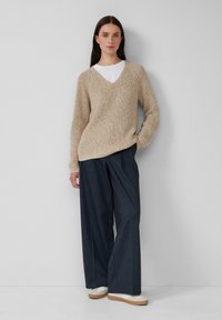 Beige Strickpullover mit V-Ausschnitt, kombiniert mit dunklen weit geschnittenen Hosen und weißen Sneakers, vor einem einfarbigen Hintergrund.