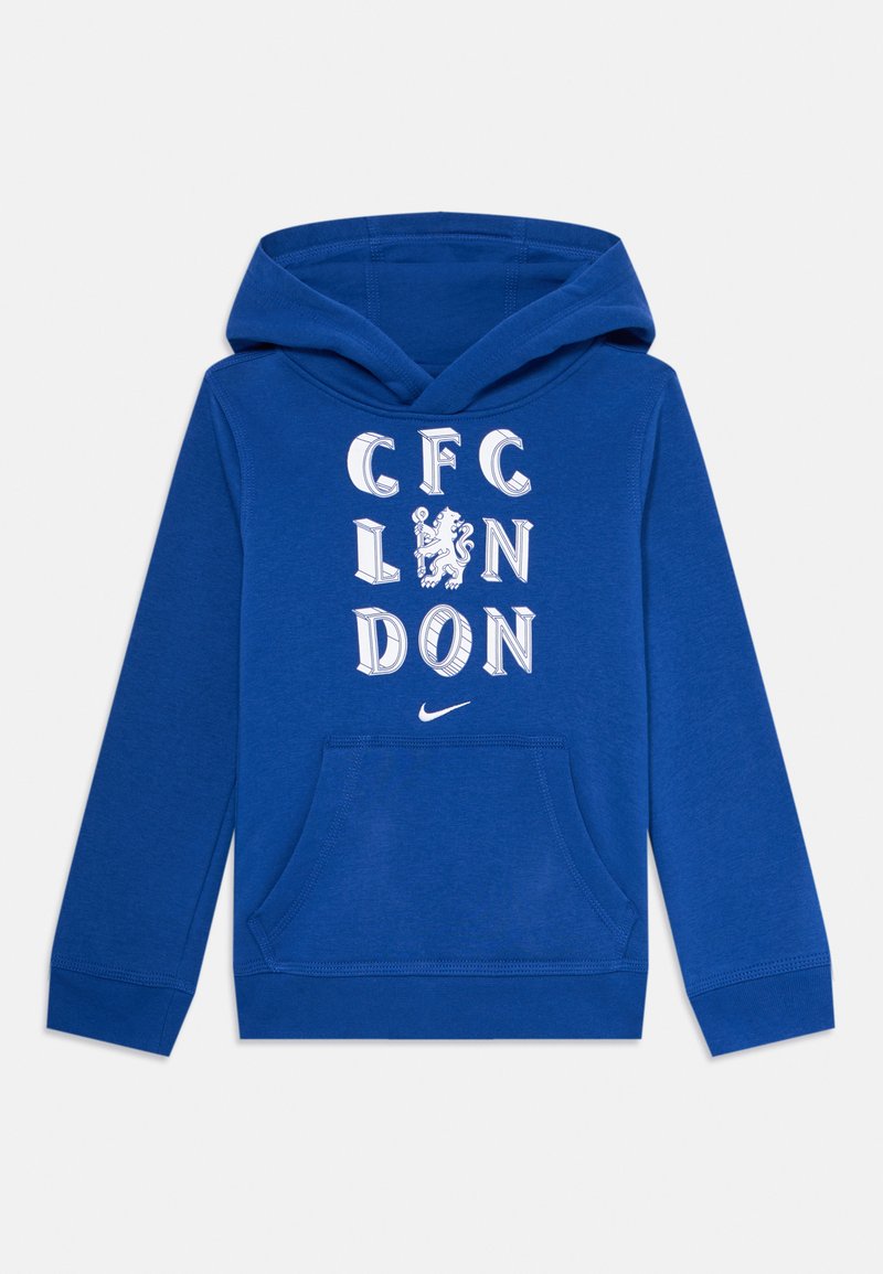 Modrá mikina s kapucí vyrobená z bavlněné směsi, s bílým textem "CFC LONDON" a grafikou lva, přední kapsou a logem Nike.