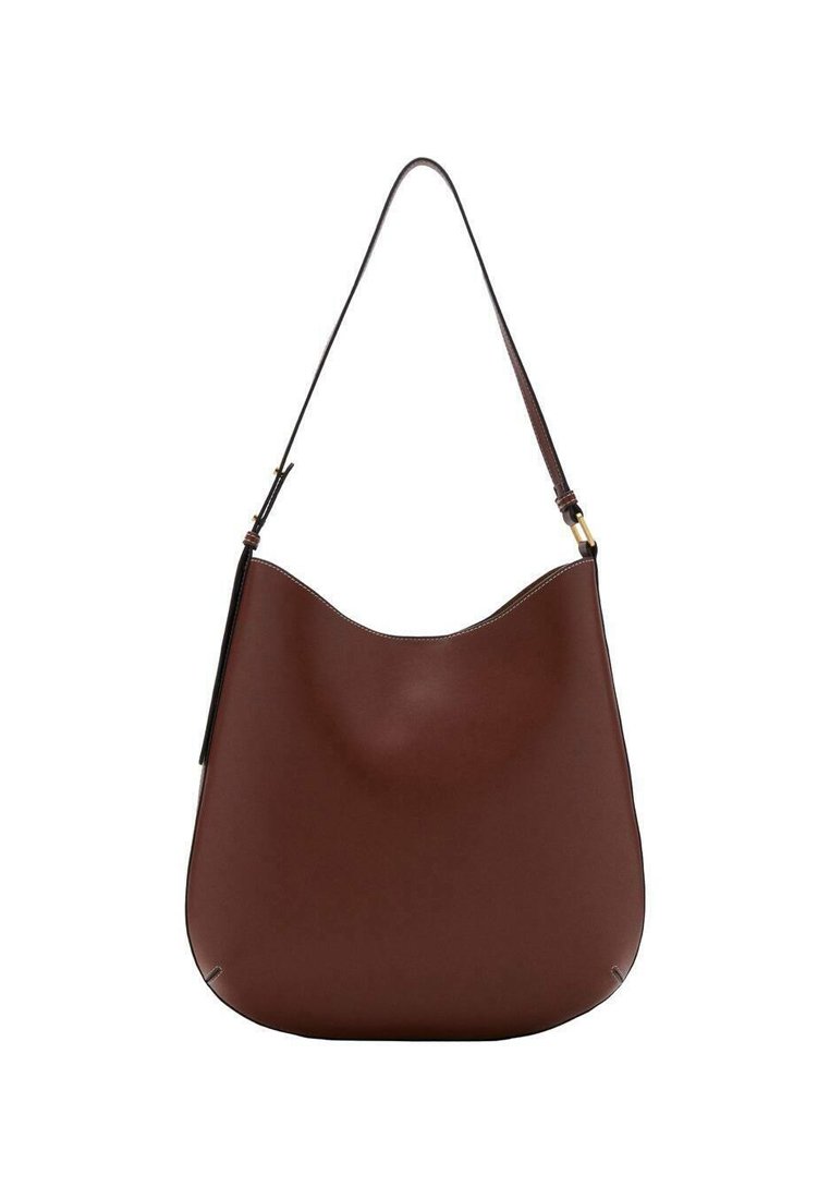 Borsa a tracolla in pelle marrone con silhouette curva, tracolla singola e dettagli di cucitura discreti. Texture liscia senza hardware visibile.