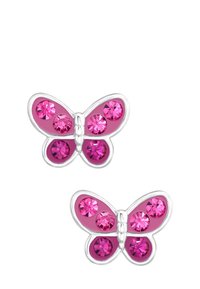 Vlindervormige oorbellen van zilver, versierd met roze emaille en roze stenen in verschillende maten op de vleugels.