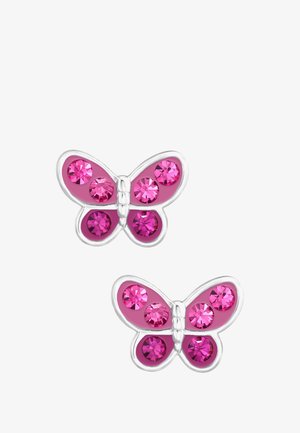 Vlindervormige oorbellen van zilver, versierd met roze emaille en roze stenen in verschillende maten op de vleugels.