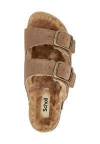 Sandalo scivoloso in suede marrone con due cinturini regolabili, fibbie metalliche e un morbido rivestimento in pelliccia sintetica per il massimo comfort. Etichetta del marchio visibile all'interno.