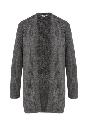 Grauer gestrickter Cardigan mit offenem Frontbereich, der strukturierte Einsätze und lange Ärmel hat. Der Stoff zeigt unterschiedliche Grautöne.