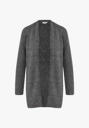 Cardigan grigio lavorato a maglia con apertura frontale, caratterizzato da pannelli testurizzati e maniche lunghe. Il tessuto mostra diverse tonalità di grigio.