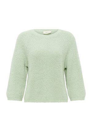 Mintgroene gestructureerde breisweater met een ronde hals en driekwartmouwen, met een ontspannen pasvorm en geribbelde details bij de boorden.