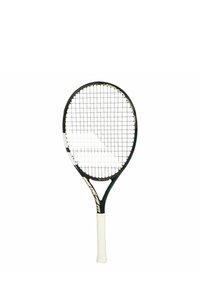 Tennisschläger mit einem schwarzen Rahmen, ovalem Kopf und weißem Griff. Die Saiten bilden ein Gittermuster über dem Kopf.