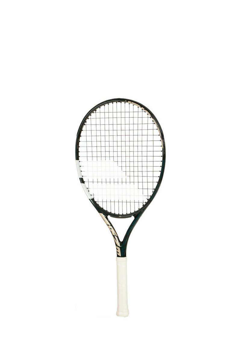 Tennisschläger mit einem schwarzen Rahmen, ovalem Kopf und weißem Griff. Die Saiten bilden ein Gittermuster über dem Kopf.