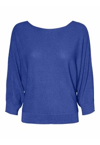 Pull bleu tricoté avec un large col bateau, manches trois-quarts, ourlet côtelé et motif tricoté texturé. Coupe décontractée avec un tissu doux.