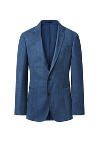 Pánský oblekový blazer v tmavě modré barvě, vyrobený z texturované látky, s jednobarevným designem, dvěma předními kapsami a klopovými límci.