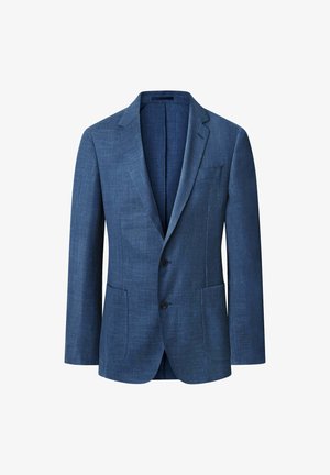 Męska marynarka dopasowana w ciemnoniebieskim kolorze, wykonana z teksturowanej tkaniny, z pojedynczym zapięciem, dwoma przednimi kieszeniami i klapami w kształcie litery "V".