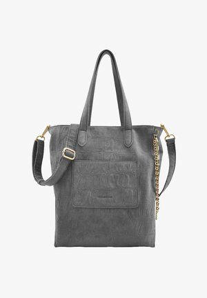 Sac fourre-tout gris en similicuir texturé avec un motif crocodile, deux anses supérieures, une bandoulière amovible et des accents dorés.