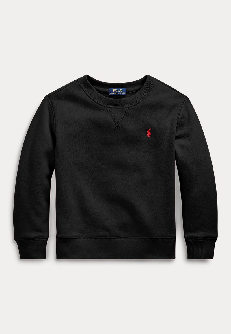 Μαύρο φλις πουλόβερ με ριγωτά μανίκια και στρίφωμα. Διαθέτει κόκκινο κεντημένο λογότυπο στο στήθος. Κλασικός σχεδιασμός με στρογγυλή λαιμόκοψη. Απαλή υφή.