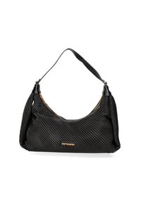 Borsa nera con texture e motivo intrecciato, silhouette curvata, dettagli in metallo dorato e tracolla singola. Chiusura con zip.